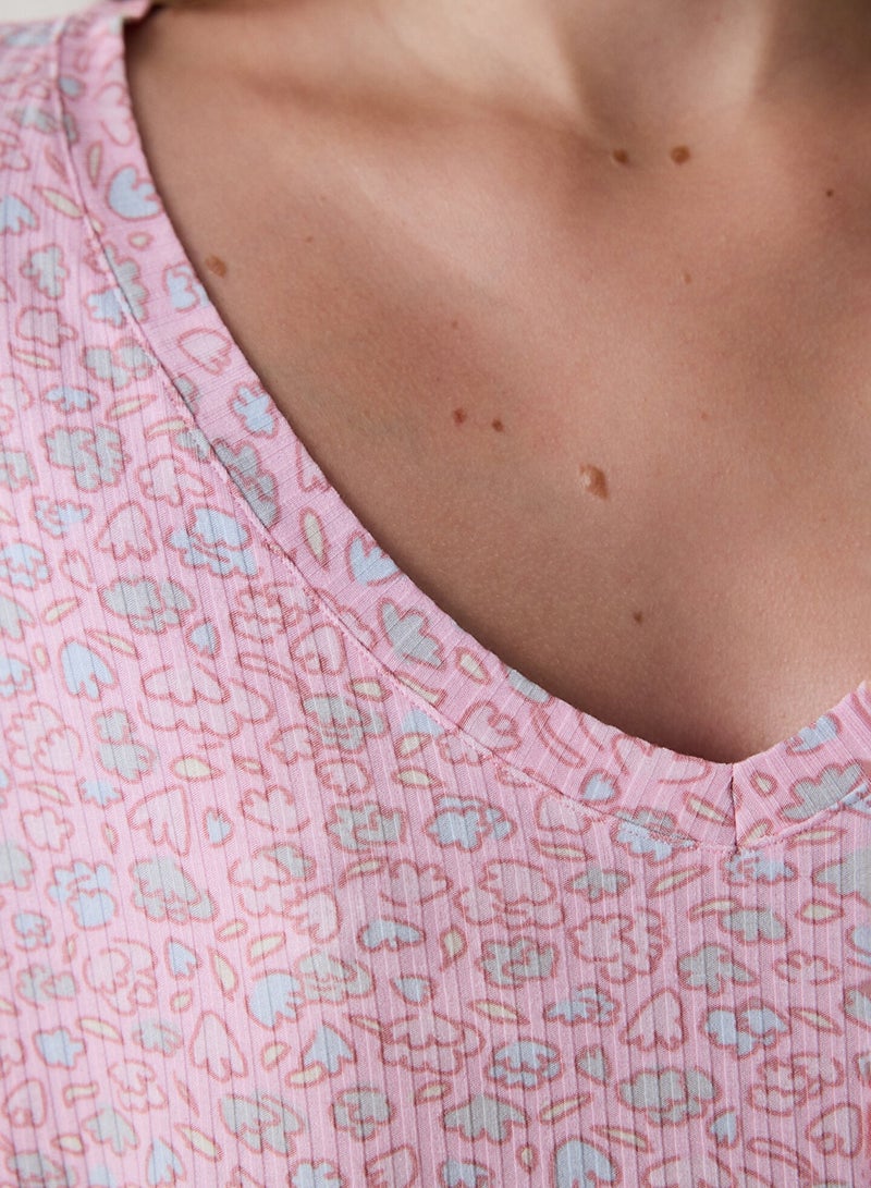 بنتي بلوزة بيجامة قصيرة بأكمام قصيرة وياقة على شكل حرف  بنقش الزهور - Image 4